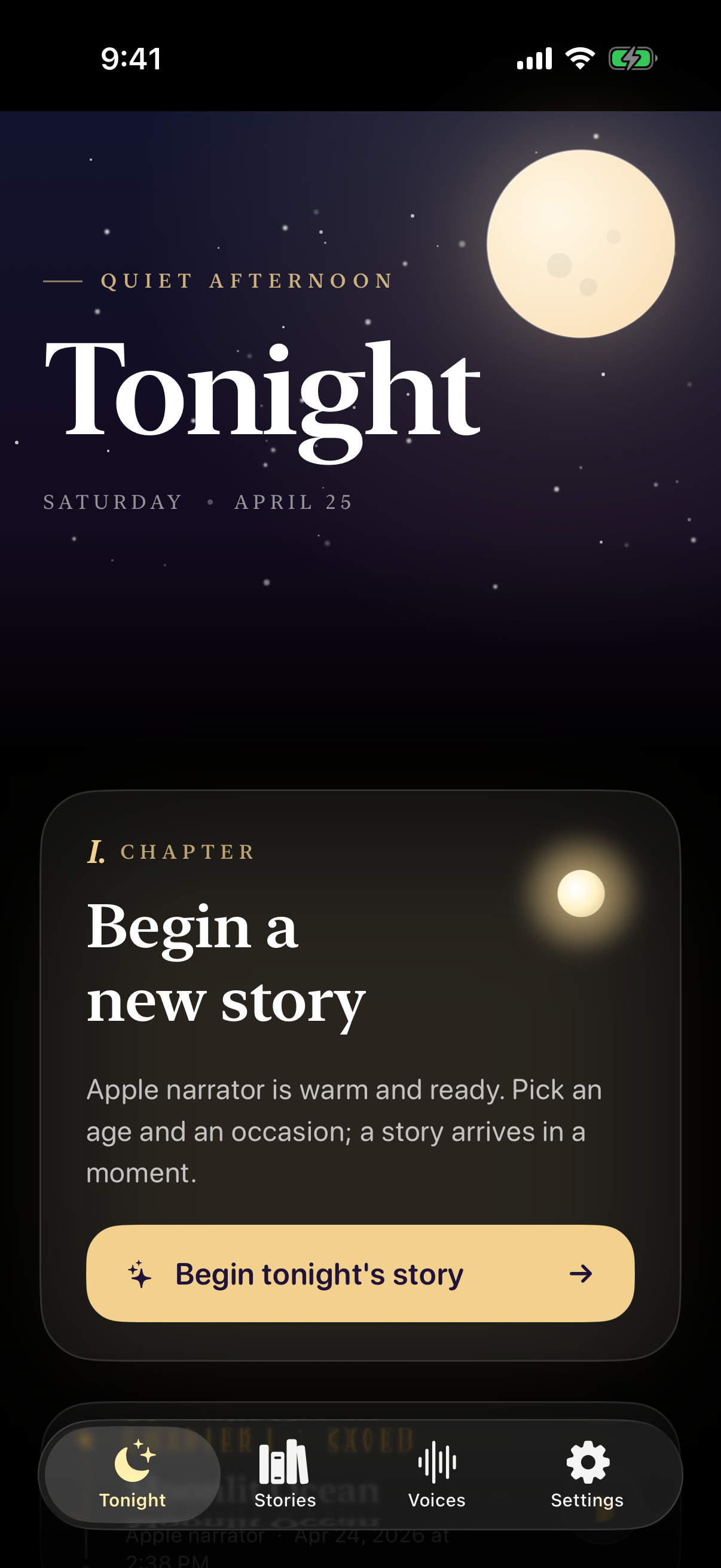 Talmanac home screen showing Tonight tab with a glowing moon over the headline 'Tonight'