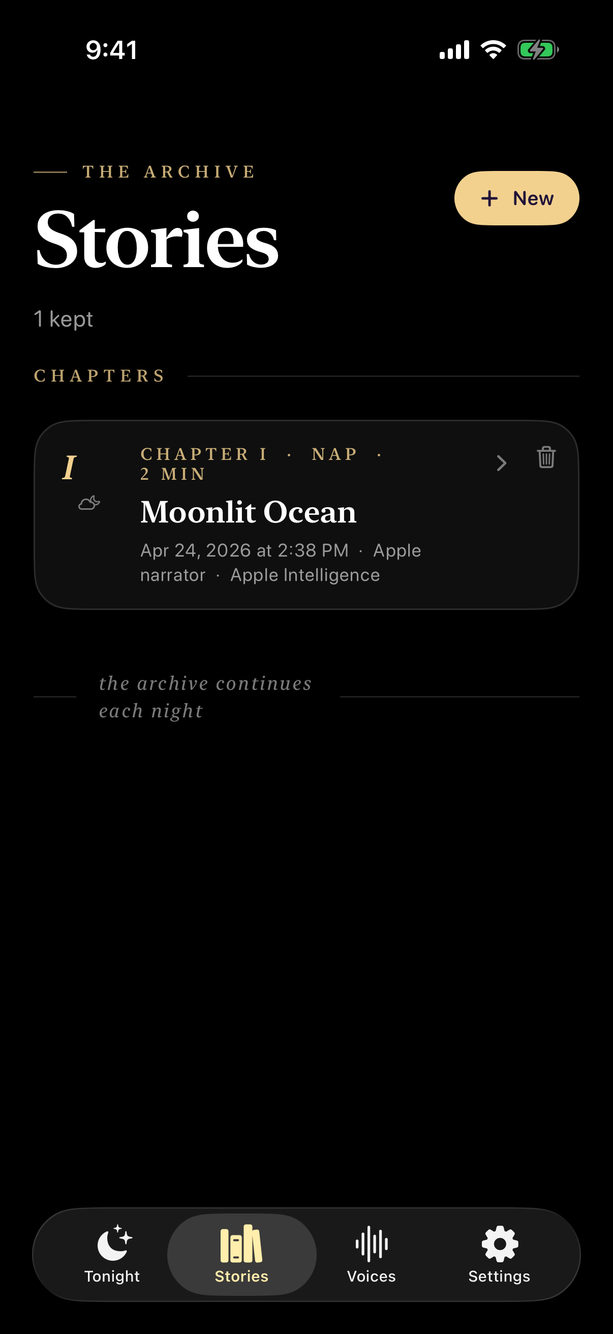 Stories library titled 'Stories' showing chapter I 'Moonlit Ocean'