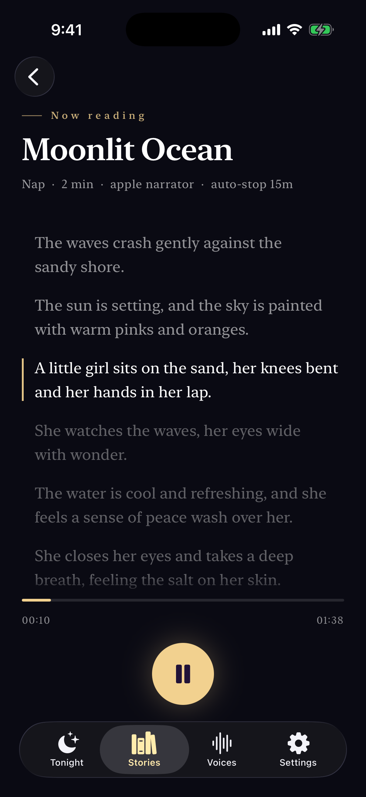Story player with auto-scrolling transcript reading 'Moonlit Ocean'