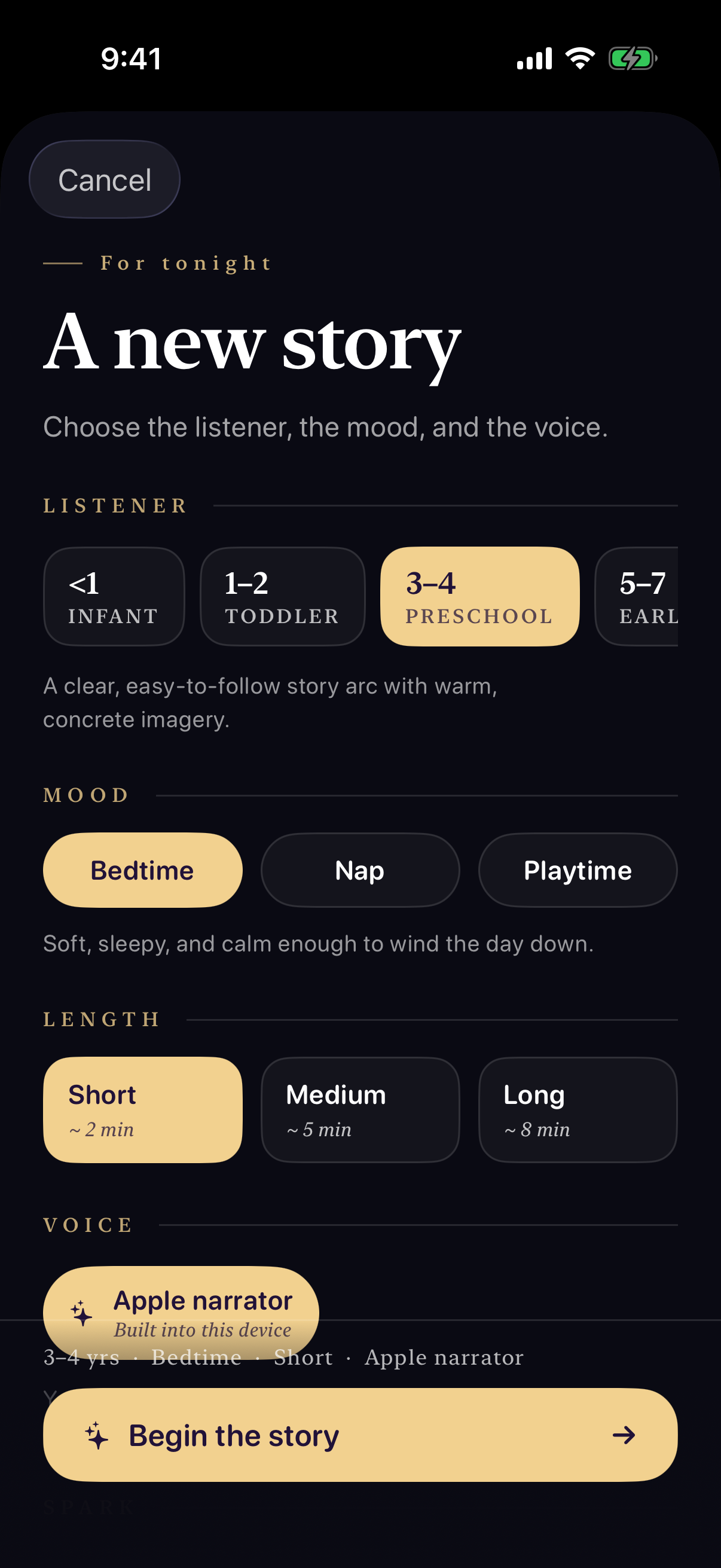 Story creator screen with listener age, mood, and length pickers
