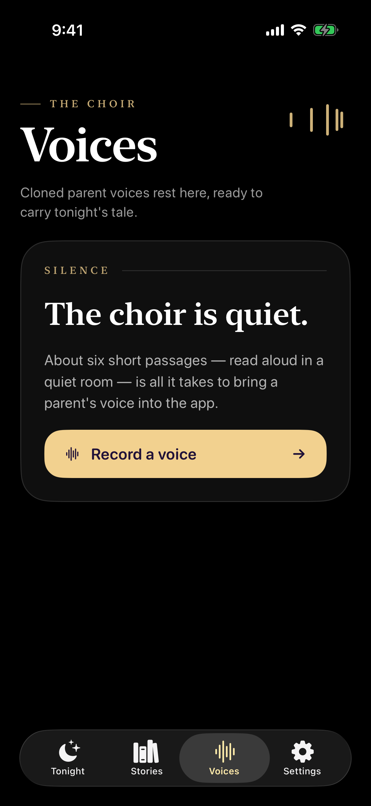 Voice library screen titled 'Voices' with a record-a-voice card
