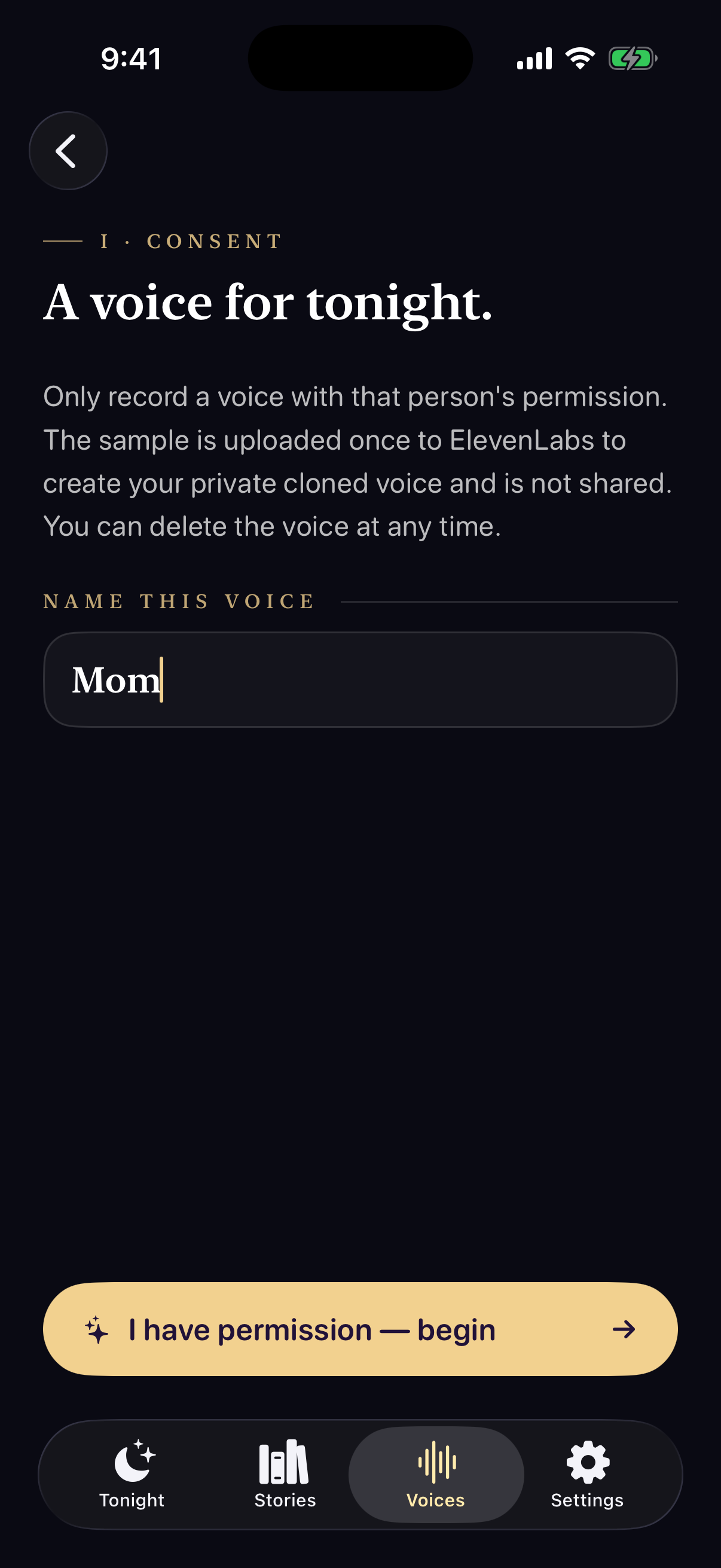 Voice recorder consent screen, naming a voice 'Mom'